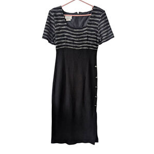Vtg 90s Beechers Brook Striped Maxi Dress w Side Buttons - Black/White - Size 10
